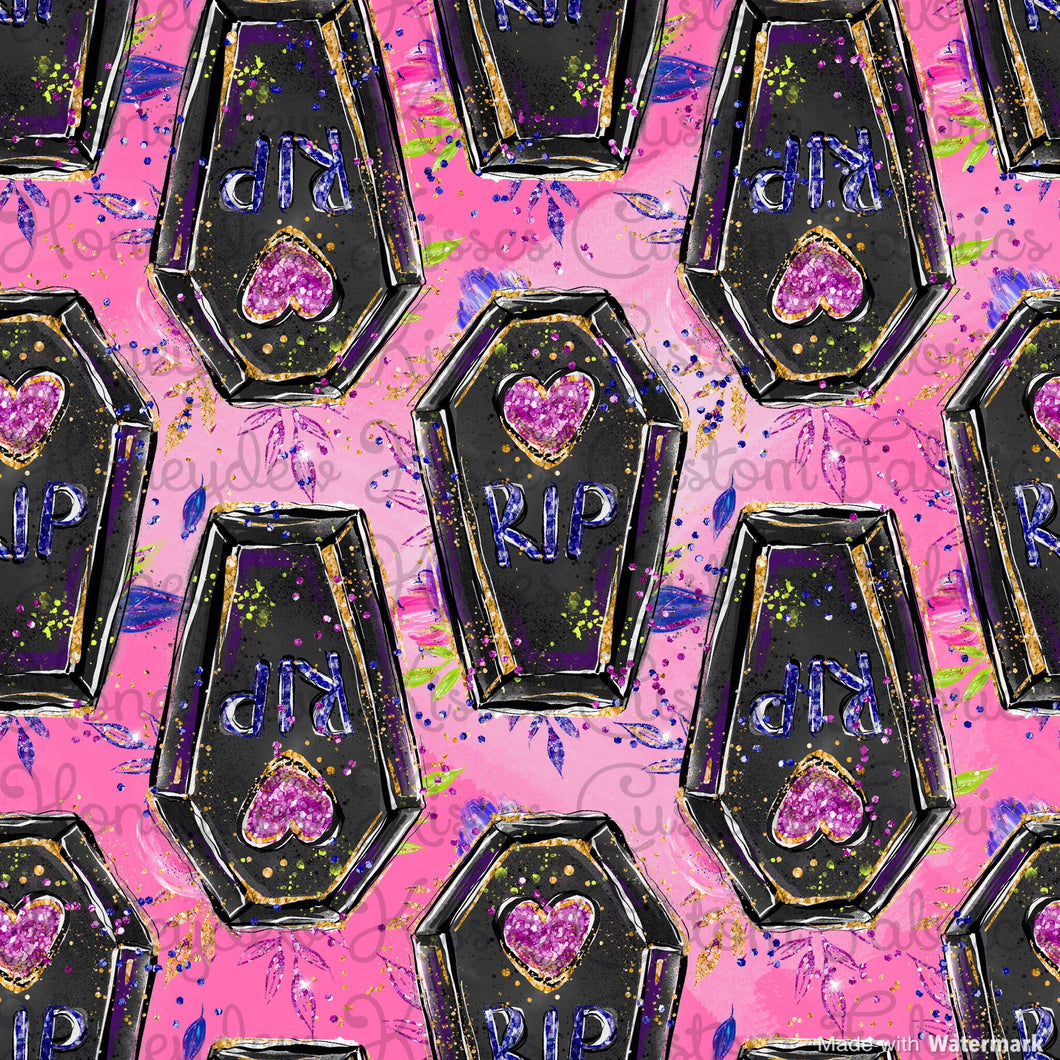 Pink Coffins Halloween Fabric