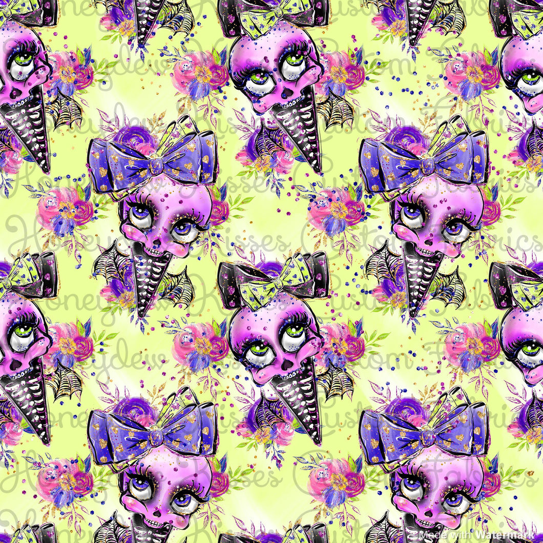 Lime Skull Cones Halloween Fabric