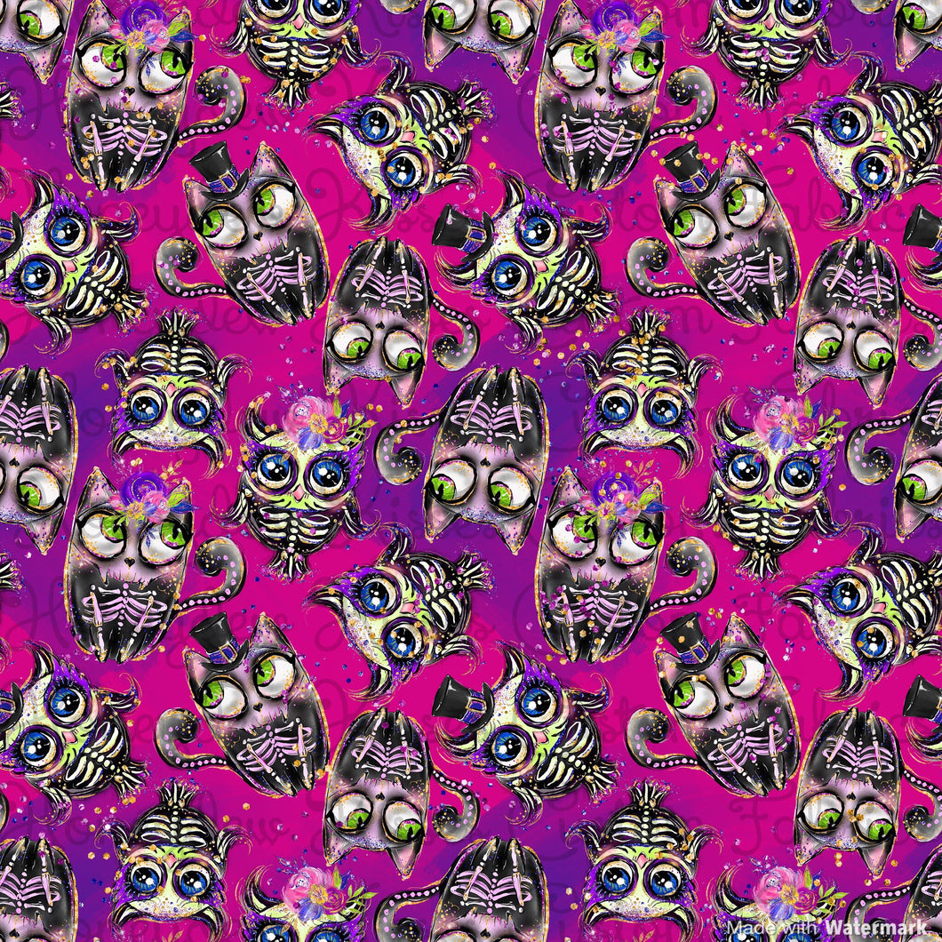 Pink Owl Skellies Halloween Fabric